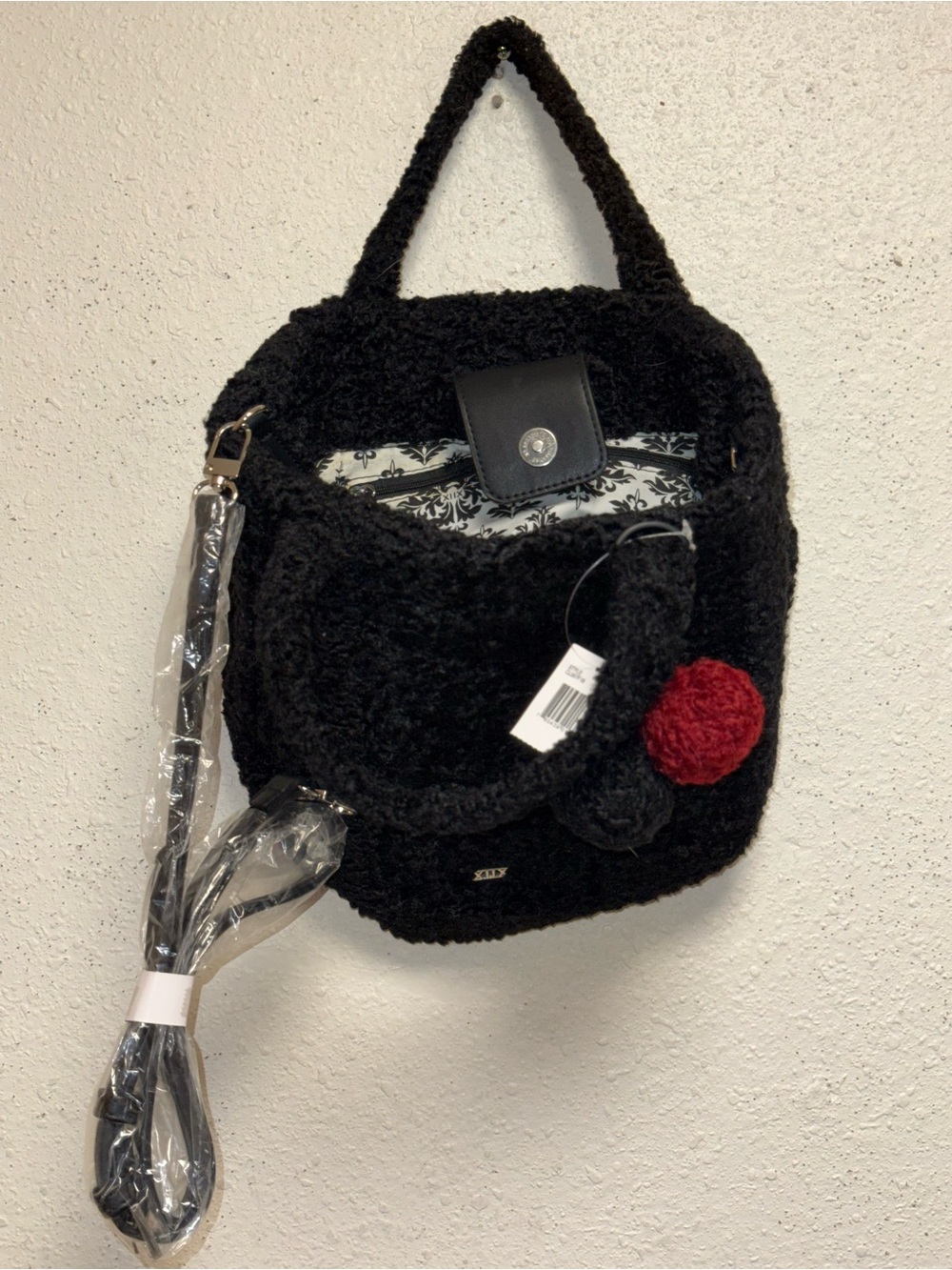 Collection XIIX Black Plush Shoulder Bag with Red Pom